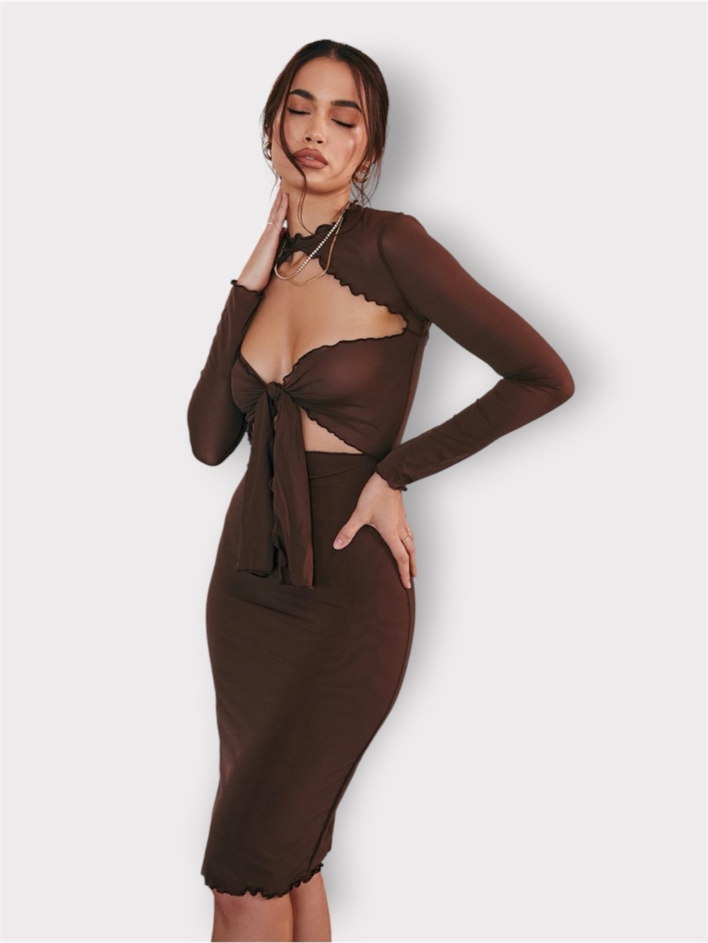House of CB, Brown Long Sleeve Tie-Front Cutout Dress - Picture 2 of 10